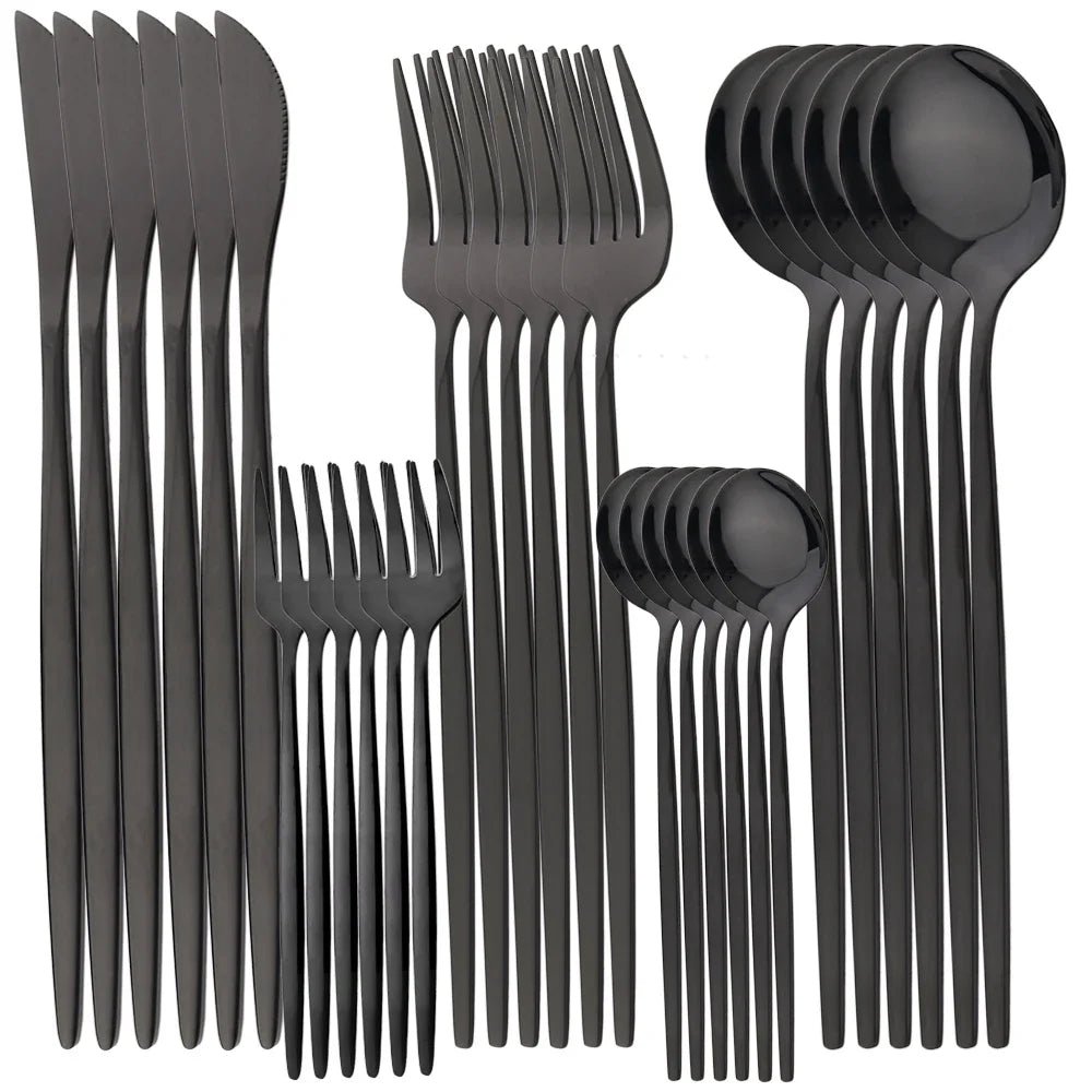 30-Piece Black Stainless Steel Dinnerware & Cutlery Set – Knife, Fork, Spoon & Teaspoon