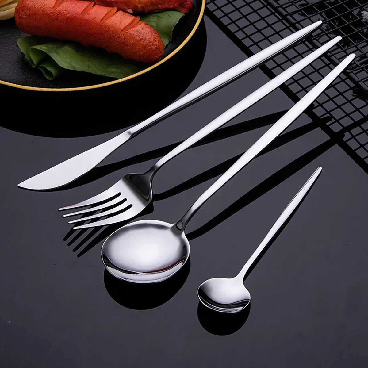 30-Piece Black Stainless Steel Dinnerware & Cutlery Set – Knife, Fork, Spoon & Teaspoon
