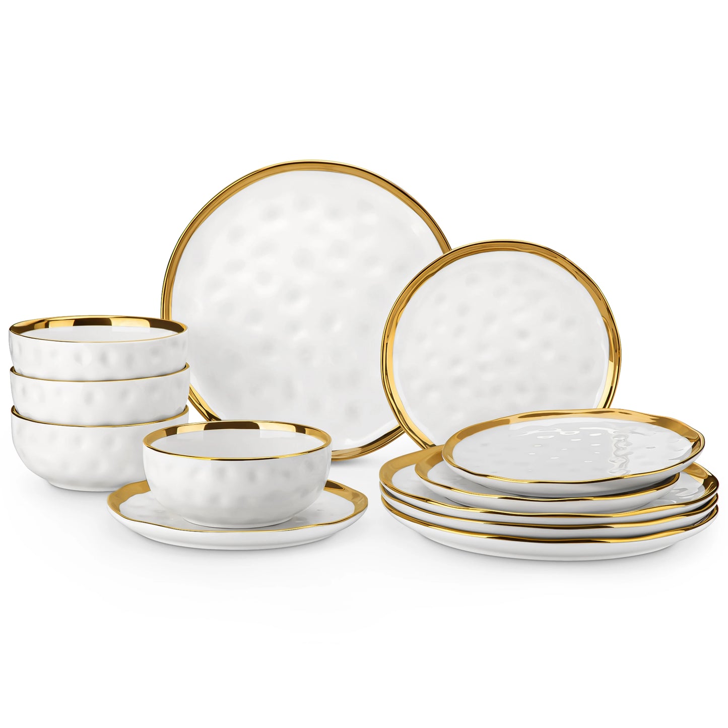 12/24-Piece White Porcelain Dinnerware Set with Gold Rim – Plates, Dessert & Cereal Bowls