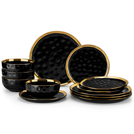 12/24-Piece White Porcelain Dinnerware Set with Gold Rim – Plates, Dessert & Cereal Bowls