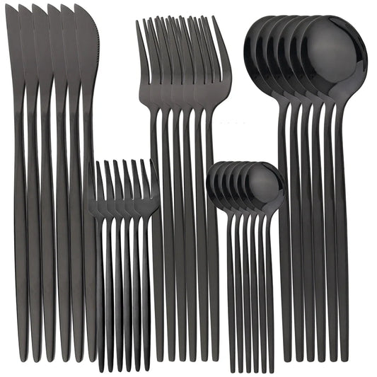 30-Piece Black Stainless Steel Dinnerware & Cutlery Set – Knife, Fork, Spoon & Teaspoon