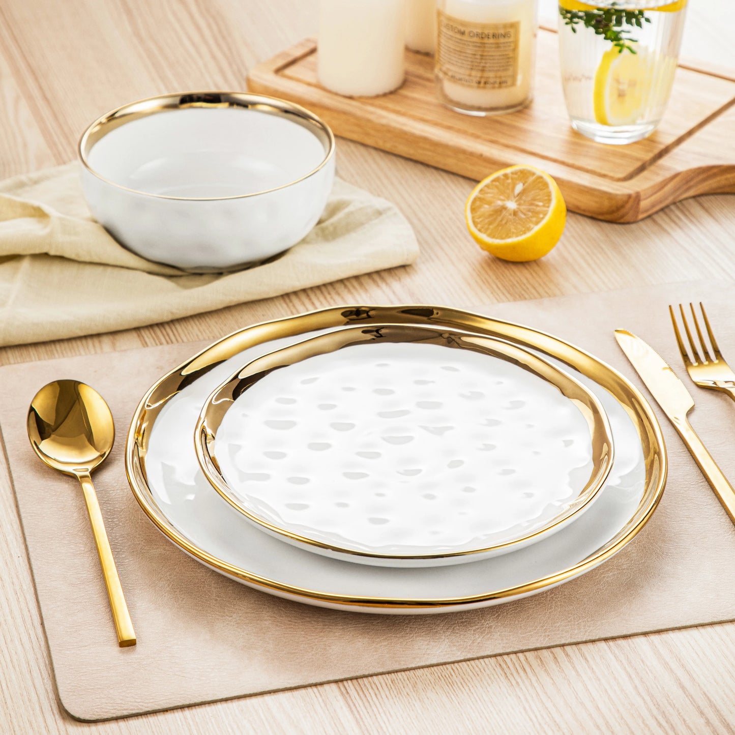 12/24-Piece White Porcelain Dinnerware Set with Gold Rim – Plates, Dessert & Cereal Bowls
