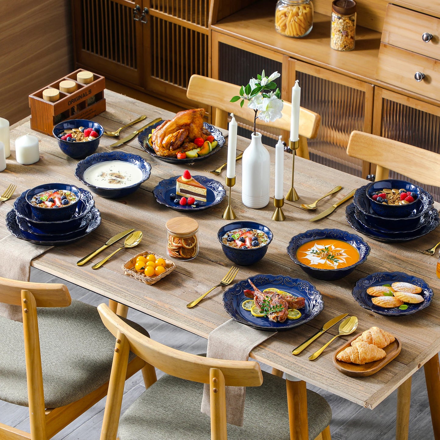 16-Piece Blue Reactive Glaze Ceramic Dinnerware Set – Plates, Bowls & Soup Dishes