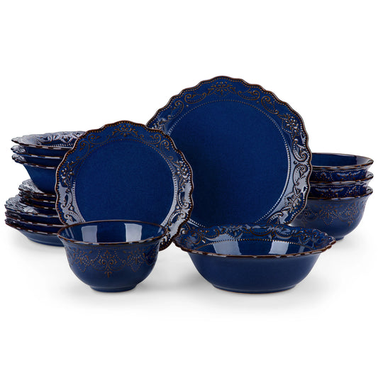 16-Piece Blue Reactive Glaze Ceramic Dinnerware Set – Plates, Bowls & Soup Dishes