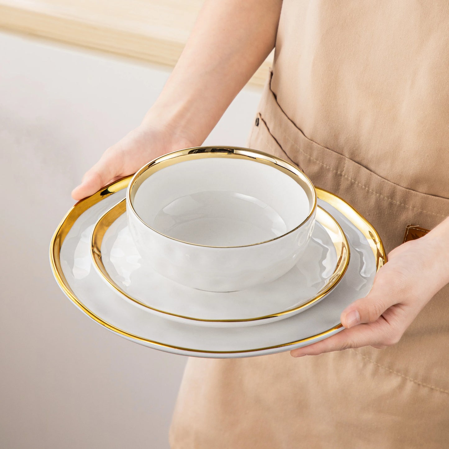 12/24-Piece White Porcelain Dinnerware Set with Gold Rim – Plates, Dessert & Cereal Bowls