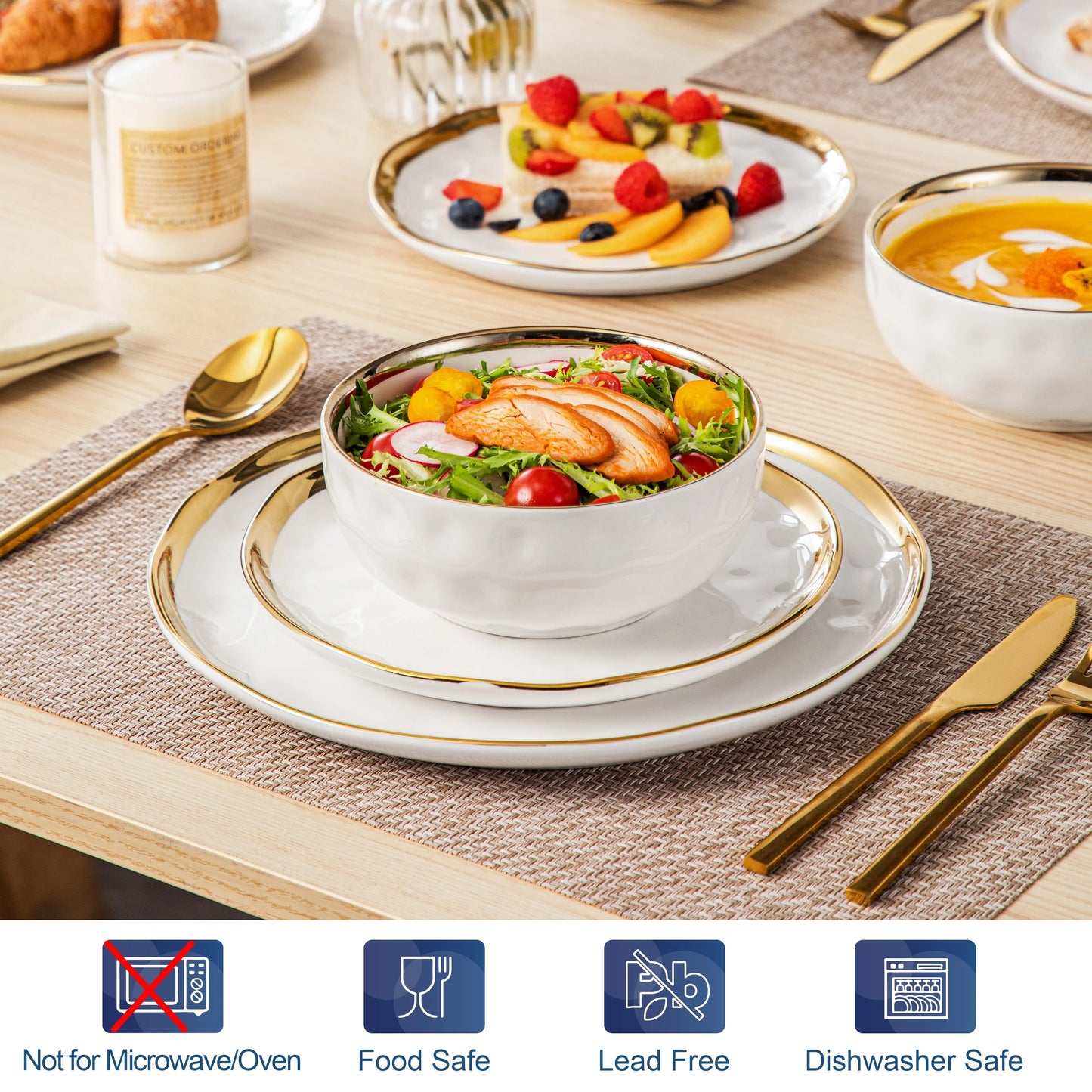 12/24-Piece White Porcelain Dinnerware Set with Gold Rim – Plates, Dessert & Cereal Bowls
