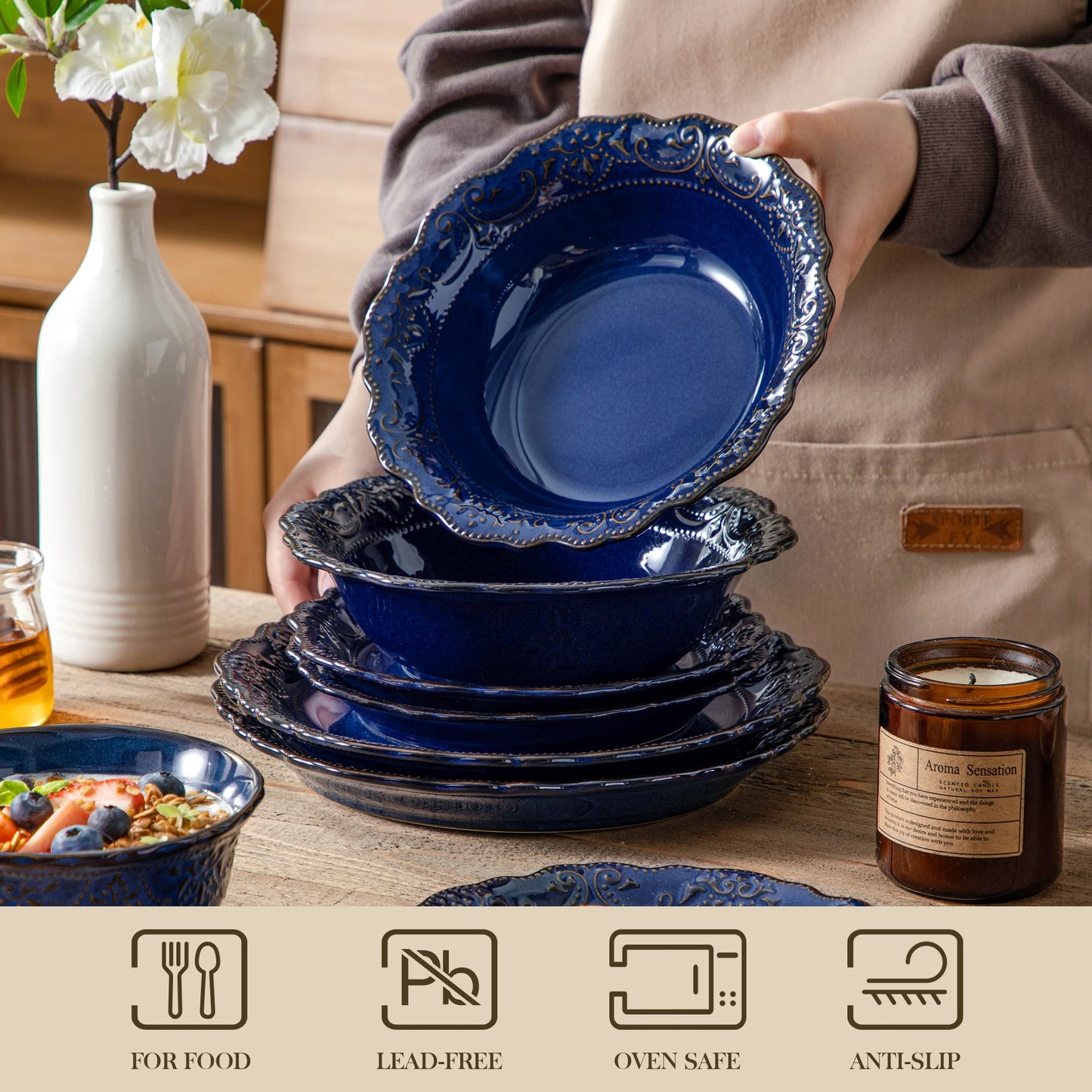 16-Piece Blue Reactive Glaze Ceramic Dinnerware Set – Plates, Bowls & Soup Dishes