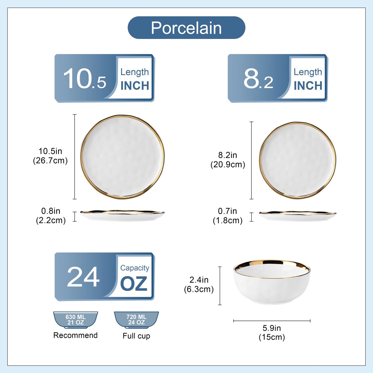 12/24-Piece White Porcelain Dinnerware Set with Gold Rim – Plates, Dessert & Cereal Bowls